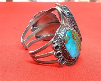 *Signed* Native American Vintage 3 stone Turquoise Sterling Silver Cuff Navajo 2in Thick SZ 6.5in