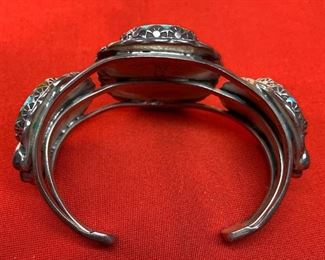 *Signed* Native American Vintage 3 stone Turquoise Sterling Silver Cuff Navajo 2in Thick SZ 6.5in