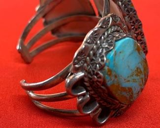 *Signed* Native American Vintage 3 stone Turquoise Sterling Silver Cuff Navajo 2in Thick SZ 6.5in