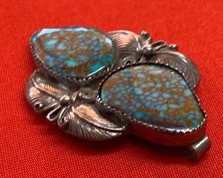 *Signed* Native American Sterling Silver Turquoise Clip Pendant 2 stone Feathers 2in x 1.375in