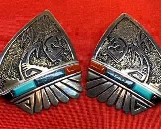 *Signed* Navajo Earrings Alvin Lula Begay Sterling Silver Turquoise, Coral 1.75x1.5in