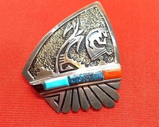 *Signed* Navajo Earrings Alvin Lula Begay Sterling Silver Turquoise, Coral 1.75x1.5in