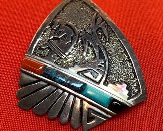 *Signed* Navajo Earrings Alvin Lula Begay Sterling Silver Turquoise, Coral 1.75x1.5in