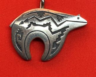 *Signed* Navajo Tommy Singer Sterling Silver Fetish Bear Pendant 2.625 x 2.125in