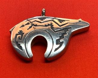*Signed* Navajo Tommy Singer Sterling Silver Fetish Bear Pendant 2.625 x 2.125in