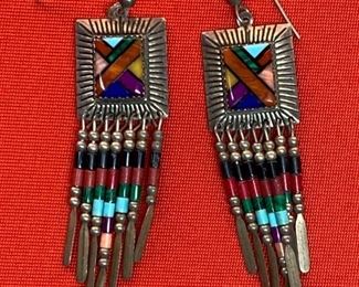 *Signed* Native American QT Sterling Earrings 2.75 hang length x .75in W