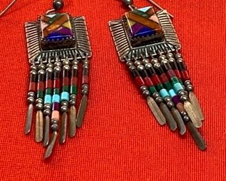 *Signed* Native American QT Sterling Earrings 2.75 hang length x .75in W