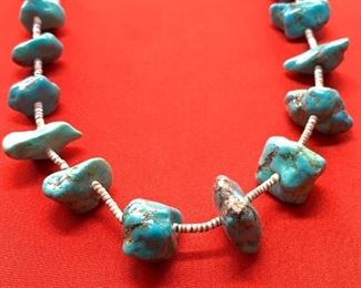Vintage Native American Chunky Turquoise Necklace Heishi 14in Hang 29in total length