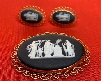 Wedgewood Black Jasperware Brooch & Earrings Cameo Brooch: 1.75 x 1.25in