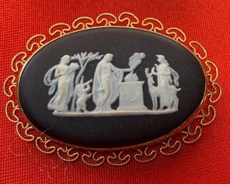 Wedgewood Black Jasperware Brooch & Earrings Cameo Brooch: 1.75 x 1.25in