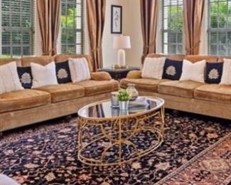 Exquisite black, gold, cream and rust hand-knotted wool rug make in Pakistan retail $5000 selling for $1500; custom fabric Bernhardt sofas Retail $3000 selling both for $1000, solid wood side tables - retail $650 each, selling for $200 each.