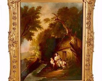 080a - Large and Beautiful 19th Century Oil on Canvas of Mother and Children in Wooded Landscape in Front of Cottage in Fine Giltwood Frame, 4 ft. 6 in. H, 3 ft. 9 in. W.