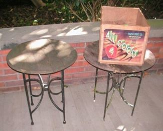 Wrought iron patio tables with wood tops - as found; the wood needs to be replaced