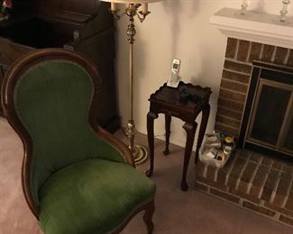 Victorian chair, floor lamp and Victorian plant stand