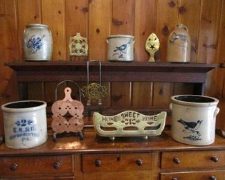 Antique Salt Glaze Crocks, Brass & Copper Fire Place Trivets