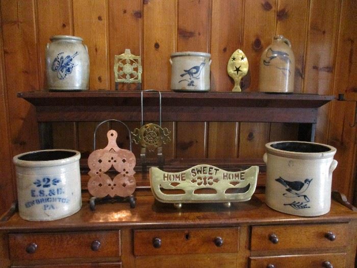 Antique Salt Glaze Crocks, Brass & Copper Fire Place Trivets
