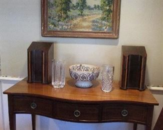 Small Mahogany English Sideboard, Antiqe Ceramic Punch Bow, 2 Crystal Vases, 2 Mahogany Knife Boxes, Oil on Canvas