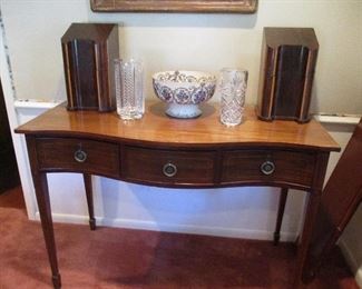 Small Mahogany English style Sideboard, Antique Ceramic Punch Bowl, 2 Crystal Vases