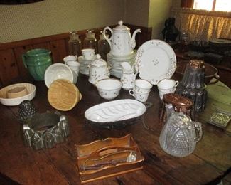 Victorian China Dessert & Coffee Set, Gold Floral Sprigs, Ceramic Food Molds, Pattern Glass Tea Pot