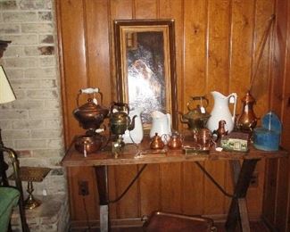 Saw-Buck Table, Oak Base, Elm Top, Iron Braces