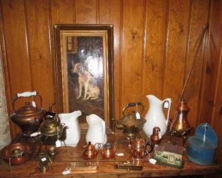 Brass & Copper Tea Pots White Ironstone, Oil on Canvas "Hound Dog"