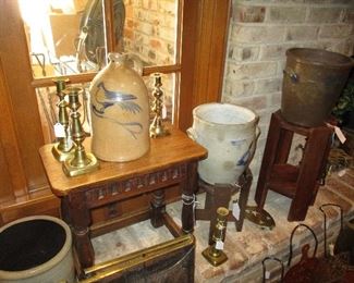 Arts & Crafts style Stool and Plant Stands. Salt Glaze Crocks