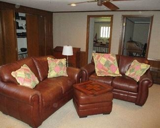 2 Brown Leather Sofas, Ottoman and matching Club Chair with ottoman
