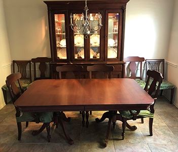 Durham Saville Row 6’ dining table with 2 18” leaves, 9 chairs, lighted china hutch