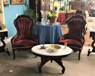 Victorian Chairs, Marble Topped Side Coffee Tables