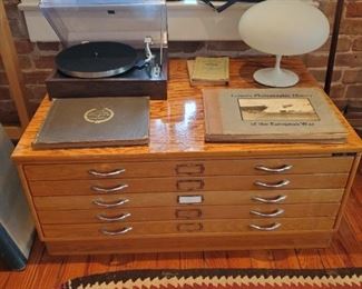 5 Drawer Wood Map or Print Chest...BOZE speaker...AR turntable...Historical War Books