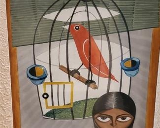 Noshir Chapgar (Indian) "GIRL WITH BIRDCAGE" framed drawing