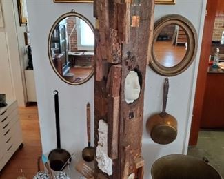 "WOMAN ON A POLE" Mixed Media Sculpture
...Antique Mirrors...Brass/Copper Pots
