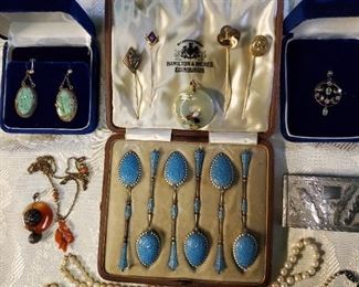 14 K gold/jade Earrings & Circle Pin, antique Stick Pins, Pearls, Sterling/Gold Hand Tooled Belt Buckle, Pearls, antique Turquois Enamel/Gold Demi Spoons, Red Jade Pin & Necklace