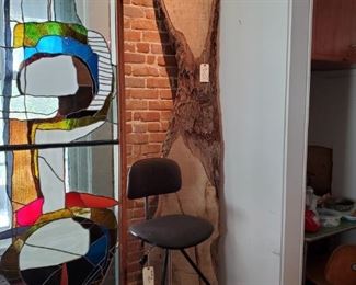 HUGE 3" SLAB of PECAN WOOD...DRAFTING CHAIR..STAINED GLASS IS NOT FOR SALE.