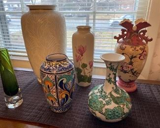 Green vase on left, $22; Large Cream Urn $65; White Vase Pink Flowers $25; Antique Japanese Pink Vase $85; Blue Italy Urn $35; White Green Peacock Gold Imari Hand painted Vase $45