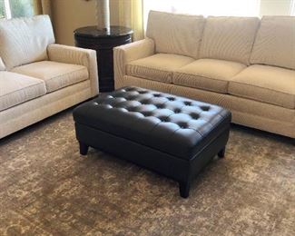 Leather ottoman, beautiful gray area rug