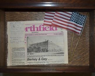 Original hand written note and "Northfield Advance" newspaper with a "Berkey & Gay" article are included in the top desk drawer.  Berkey & Gay Ladies Writing Desk; Purchased by Grace S. Dockeray in 1924; her father-in-law (Snellink) worked at Berkey & Gay. It is an original Salesman's sample and may be a one-of-a-kind. The Salesman decided it wouldn't be a seller - and they never made another one.   ca. 1920's