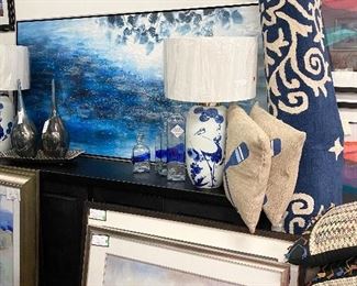 Navy Blues Regina Andrews lamps $179 wholesale! Large navy painting $399
