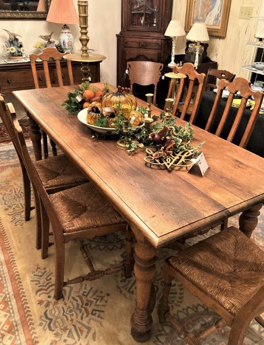 Estate Sale Oct. 22, 23, 24!!! Handsome antique table & 6 chairs with rush seats