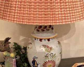 One of two matching Quimper lamps from France. The tin-glazed hand-painted French pottery, known as Quimper Pottery,  has been manufactured in Quimper, a town in Brittany, France for over 300 years. 
