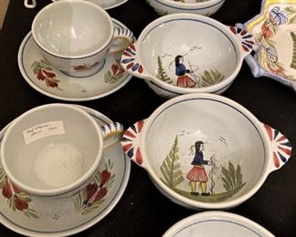 Quimper bowls, cups, and saucers