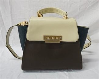 1005 ZAC POSEN TRIC COLORED LEATHER SATCHEL, NEW WITH TAGS AN CLOTH STORAGE BAG, 13 IN X 10 1/2 IN X 5 1/2 IN