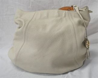 1006 VARRIALE, ITALY OFF WHITE LEATHER HOBO BAG, USED SOME MINOR INK MARKS ON OUTSIDE AND INTERIOR HAS INK SPILL, 18 IN X 15 1/2 IN