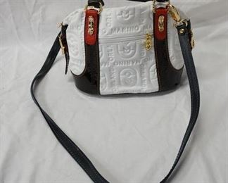 1007 MARINO ORLANDI, ITALY SIGNATURE SATCHEL WITH PATENT TRIM, NO VISIBLE WEAR, 12 IN X 7 3/4 IN X 6 1/2 IN