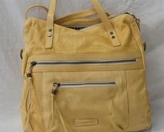 1013 CAVALCANTI ITALY YELLOW LEATHER BAG, SMALL SCATCH TO LEATHER BY HANDLE TOP AND SOME WEAR ON BOTTOM SEAMS, 12 IN X 14 IN X 4 IN