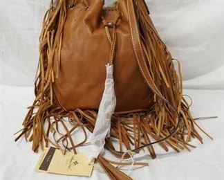 1021 PATRICIA NASH SOFT VEG TAN LEATHER FRINGED HOBO BAG, NEW WITH TAGS AND CLOTH STORAGE BAG, 12 IN X 12 IN