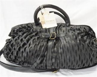 1029 COSTANZA ROTA ITALY UNUSUAL CUT OUT BLACK LEATHER LARGE BAG, NEW WITH TAGS, 21 IN X 9 IN X 6 IN