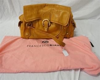 1033 FRANCESCO BIASIA TAN LEATHER OVERNIGHT BAG, NO WEAR WITH CLOTH STORAGE BAG, 1/2 IN X 10 3/4 IN X 4 1/4 IN