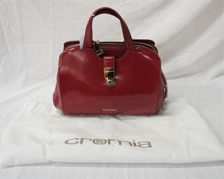 1039 CROMIA MAROON PATENT HAND BAG, NEW WITH TAGS AND CLOTH STORAGE BAG, 14 IN X 9 1/2 IN X 6 IN