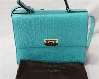 1040 KATE SPADE TEAL BLUE LEATHER BAG, NEW WITH TAGS AND CLOTH STORAGE BAG, 11 IN X 9 1/2 IN X 3 3/4 IN